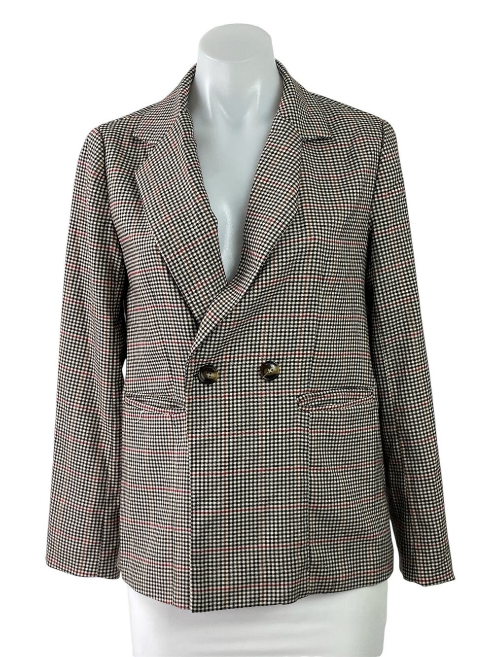 June & Hudson Black White Checkered Double Breasted Long Sleeve Blazer Jacket XS